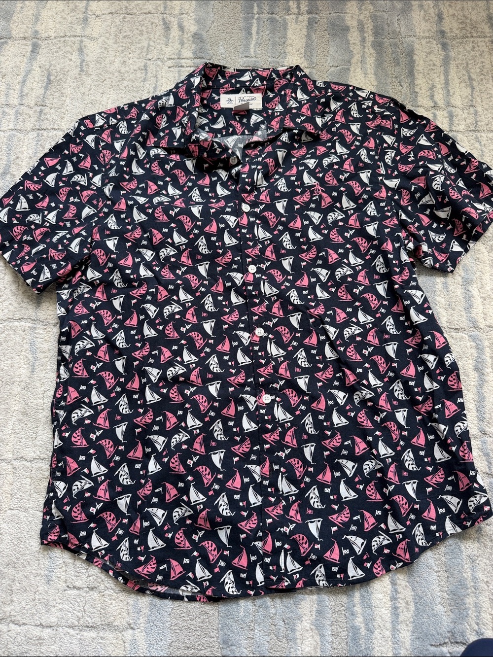 Men's Navy Short-Sleeve Button-Up Shirt with Pink & White Sailboat Print